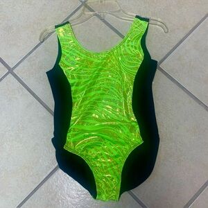 Size 12 Green Black Metallic Animal Print Gymnastics Dance Bodysuit Leotard NWT